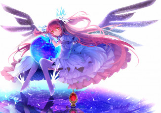 Картинка аниме -angels+&+demons платье красные волосы планета крылья арт девушка