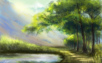 Картинка рисованные природа лучи пейзаж деревья озеро лес
