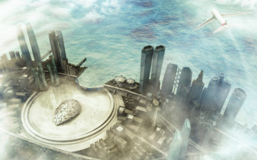 Картинка фэнтези иные+миры +иные+времена побережье мегаполис город небоскребы самолет