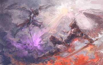 Картинка фэнтези ангелы битва мечи