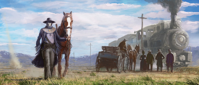 Обои картинки фото фэнтези, люди, повозка, паровоз, поезд, лошади