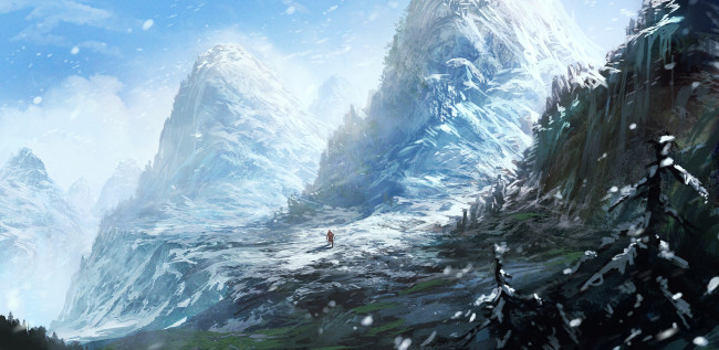 Обои картинки фото фэнтези, пейзажи, горы, зима, снег, альпинист