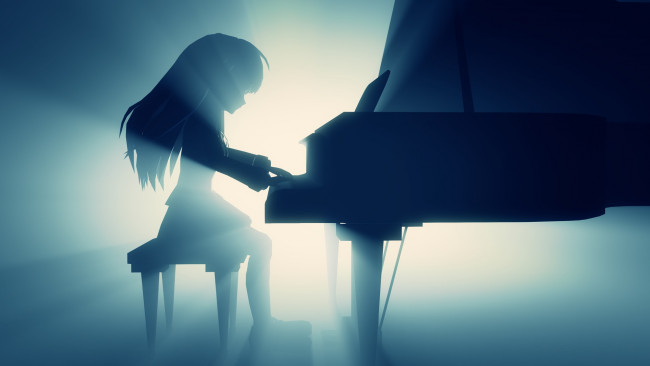 Обои картинки фото аниме, angel beats, пианино, девочка, силуэт, лучи