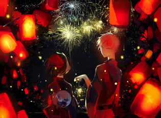 Картинка аниме hotarubi+no+mori+e кимоно двое девушка парень фейерверк ночь небо фонарики маска