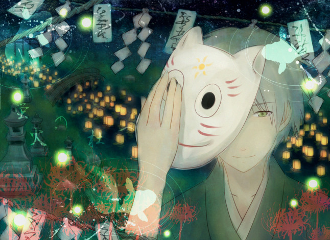 Обои картинки фото аниме, hotarubi no mori e, hotarubi, no, mori, e, в, лесу, мерцания, светлячков, призрак, gin, парень, ночь, кимоно, ручей, мост, фонари, маска