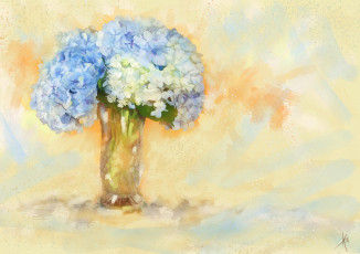 Картинка рисованное цветы голубые ваза фон рисованные живопись рисунок картина нежно светлый мазки букет имитация акварели нарисованные цифровая гортензия