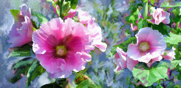 Картинка рисованное цветы розовые нарисованные картина имитация акварели голубой фон свет рисованные живопись мазки