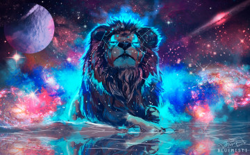 обоя рисованное, животные,  львы, фантаcтика, космос, by, bluemisti, лев