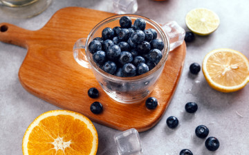 Картинка еда фрукты +ягоды апельсин черника лед