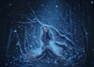 Картинка фэнтези фотоарт девушка снег платье взгляд фон