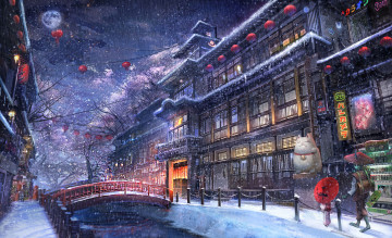 Картинка аниме город +улицы +интерьер +здания фон снег