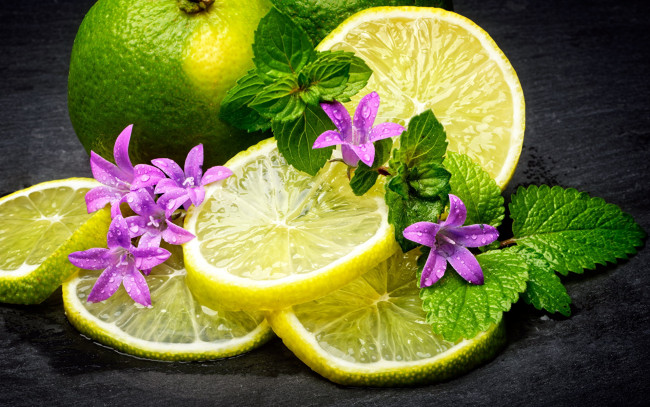 Обои картинки фото еда, цитрусы, лимон, мята, цветы