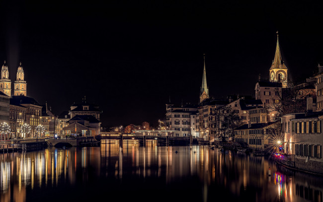 Обои картинки фото города, цюрих , швейцария, река, ночь, огни