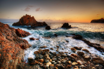 обоя природа, побережье, море, камни, закат