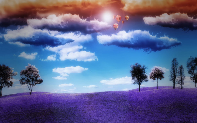 Обои картинки фото разное, компьютерный, дизайн, воздушные, шары, деревья, облака