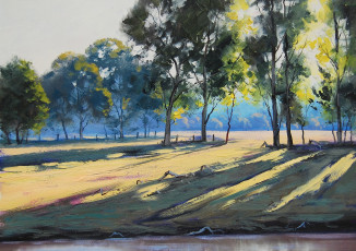 Картинка рисованные природа закат деревья вода река холм солнечные лучи