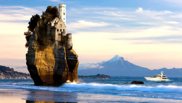 Картинка фэнтези замки пейзаж скала яхта замок море