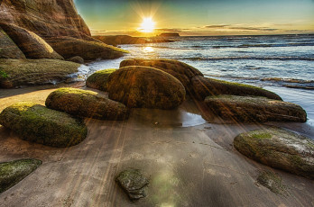 Картинка природа восходы закаты океан оттер-рок штат орегон сша солнце камни пляж