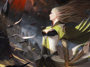 Картинка фэнтези эльфы эльфийка девушка арт горы ветер