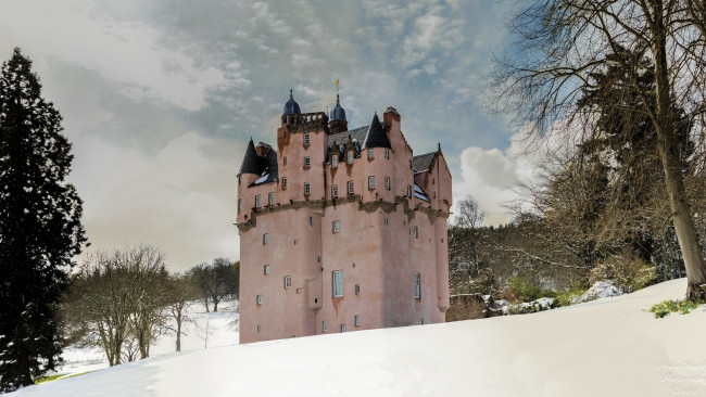 Обои картинки фото craigievar castle,  scotland, города, - дворцы,  замки,  крепости, craigievar, castle, деревья, шотландия, снег, лес, замок, крэгивар, scotland, зима