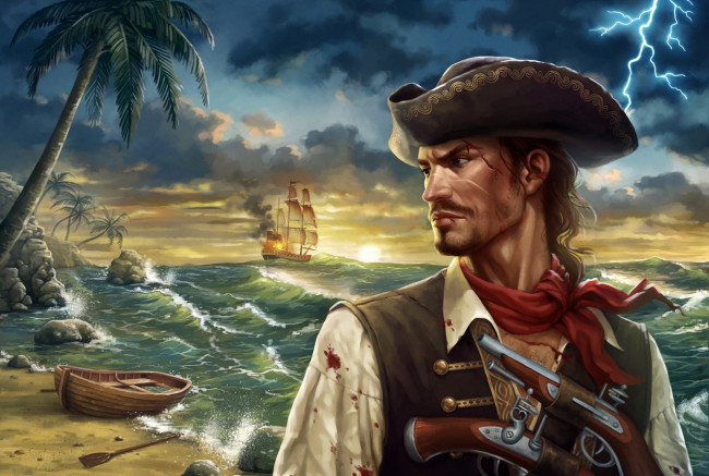Обои картинки фото фэнтези, люди, платок, море, треуголка, шляпа, кровь, мужчина, пальма, молния, арт, пират, лодка, корабль