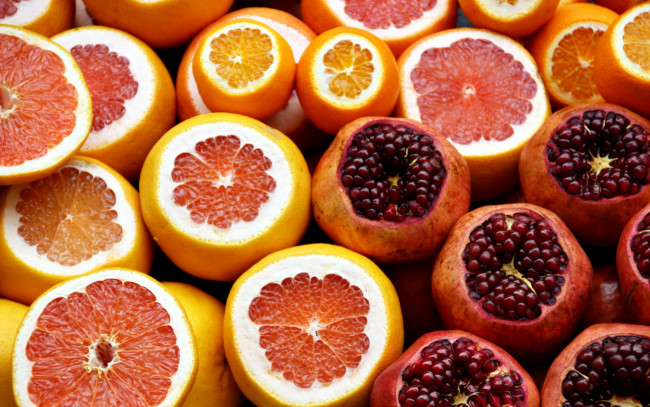 Обои картинки фото еда, фрукты,  ягоды, апельсины, грейпфруты, гранаты