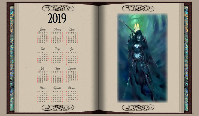 Обои картинки фото календари, фэнтези, 2019, книга, calendar, женщина, капюшон, оружие, девушка