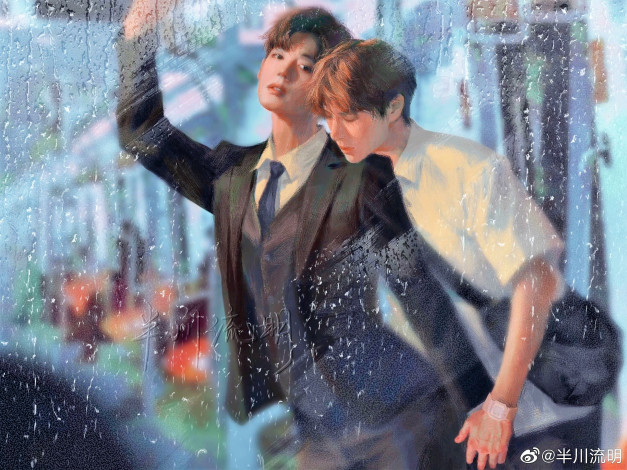 Обои картинки фото рисованное, люди, сяо, чжань, ван, ибо, стекло, дождь