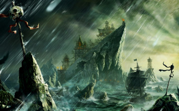 Картинка фэнтези иные миры времена шторм море скалы фрегат
