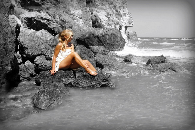 Обои картинки фото -Unsort Блондинки, девушки, unsort, блондинки, море, скалы