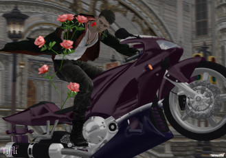 обоя 3д, графика, people, люди, мотоцикл, розы, мужчина