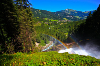 обоя krimml, waterfalls, austria, природа, пейзажи, водопады, кримль, австрия, горы, долина, деревня, лес