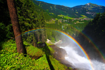 обоя krimml, waterfalls, austria, природа, радуга, австрия, горы, долина, деревня, лес, водопады, кримль