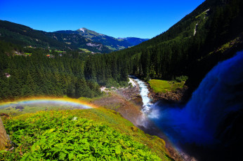 обоя krimml, waterfalls, austria, природа, водопады, лес, река, горы, радуга, австрия, кримль