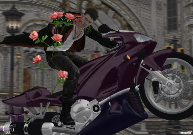 Обои картинки фото 3д, графика, people, люди, мотоцикл, розы, мужчина