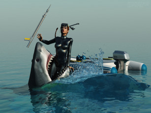 Картинка 3д+графика ужас+ horror девушка акула море