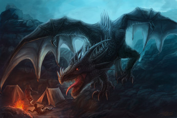 Картинка фэнтези драконы очаг горы нападение люди дракон паника