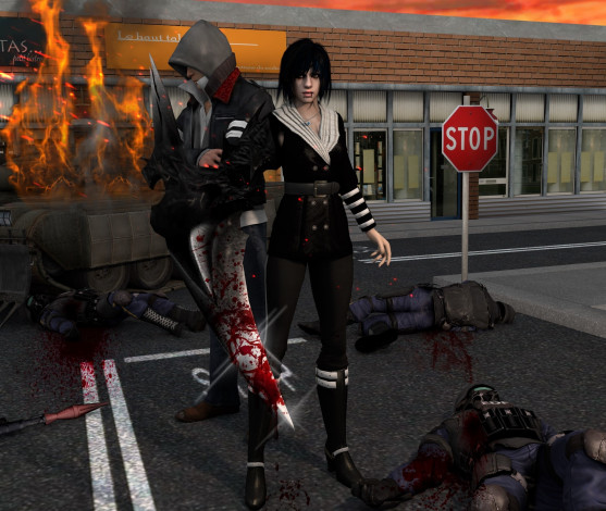 Обои картинки фото shattered  reality, 3д графика, фантазия , fantasy, девушка, мужчина, огонь, орущие, кровь