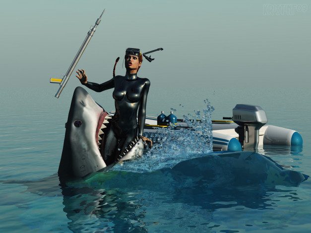 Обои картинки фото 3д графика, ужас , horror, девушка, акула, море