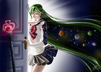 Картинка аниме sailor+moon космос длинные волосы жезл костюм взгляд дверь планеты вселенная sailor pluton