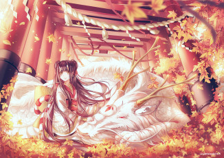 Картинка аниме животные +существа девушка жрица сидит дракон рога осень листья ветер ворота веревка
