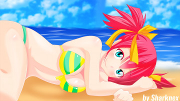 Картинка fairy+tail аниме бантики chelia море песок фон взгляд девушка