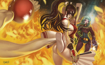 Картинка аниме оружие +техника +технологии огонь веер фон взгляд девушки