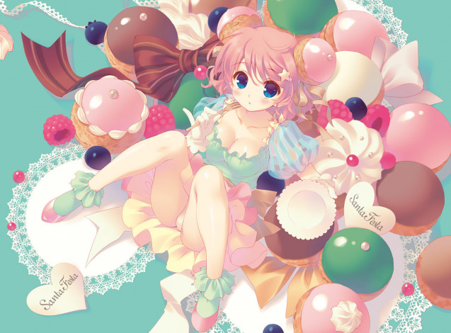 Обои картинки фото аниме, unknown,  другое, сладости, пирожные, еда, девочка, santa, matsuri