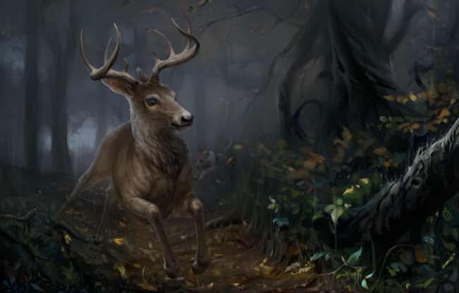 Обои картинки фото рисованное, животные,  олени, лес, собака, охота, природа, олень