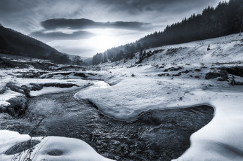 Картинка природа зима река вода снег лес лед