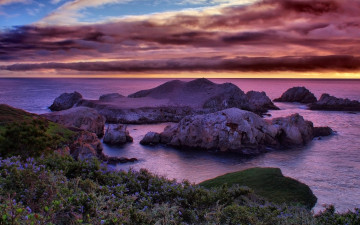 Картинка природа побережье горизонт скалы камни закат облака небо море