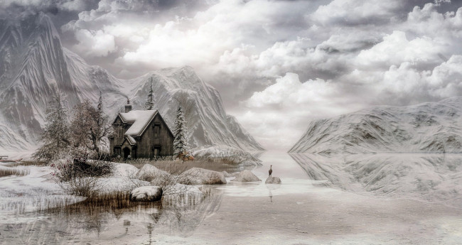 Обои картинки фото рисованное, природа, небо, домик, зима, горы, облака