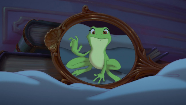 Обои картинки фото мультфильмы, the princess and the frog, книги, отражение, зеркало, лягушка
