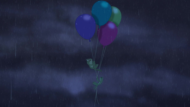 Обои картинки фото мультфильмы, the princess and the frog, полет, лягушка, воздушный, шар, дождь